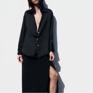 Zara Satin Effect Basic Shirt - Black -Size XS